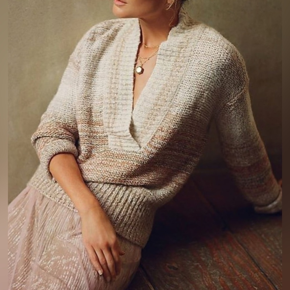 Anthropologie Pilcro Joyce Oversize Neutral Striped V Neck Chunky Sweater